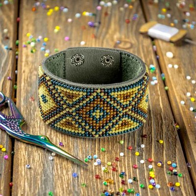 Bead embroidery kit on artificial leather Bracelet (4х22cm) FLBB-110 Khaki
