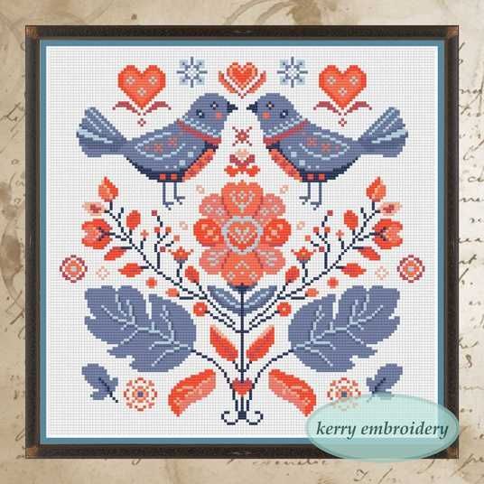 きてぃページ Електронна схема для вишивки хрестиком «Valentine Birds» KKP-006